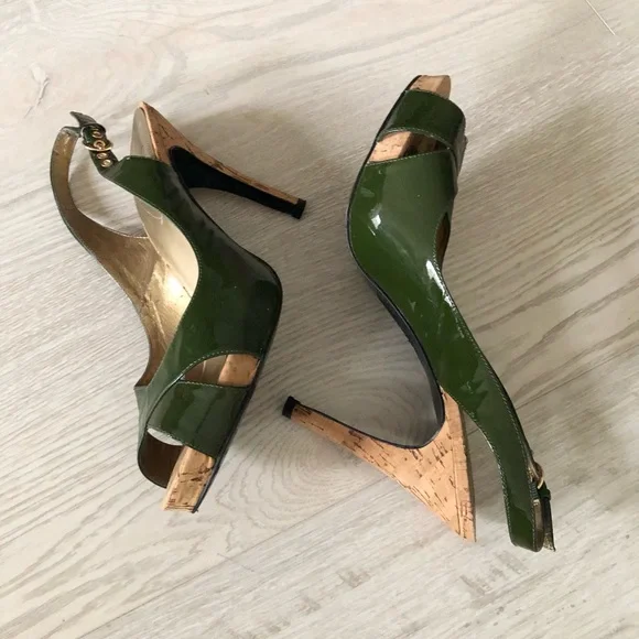 Guess by Marciano Green Leather High Heel Slingback Cork Heels - Picture 1 of 16
